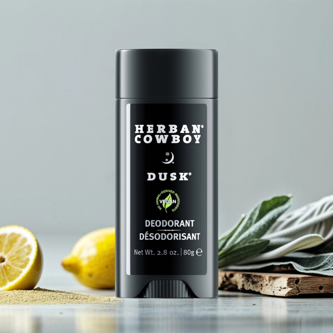 Herban Cowboy Dusk stick deodorant with sandalwood, sage, and cedar leaf displayed on stone with fresh botanicals