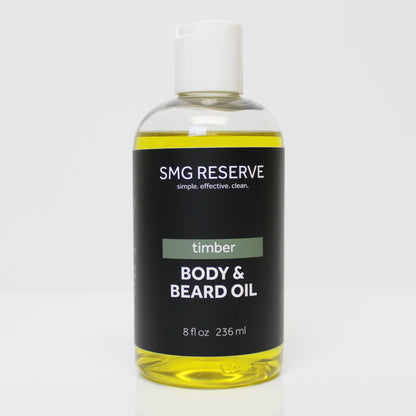 Timber body and beard oil for men’s skincare and grooming