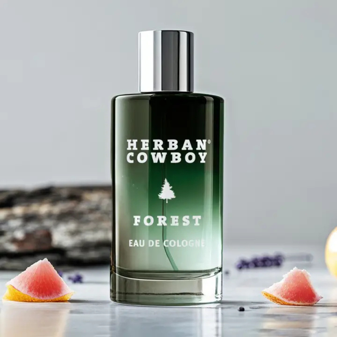 Herban Cowboy Forest cologne bottle on a light background with fruit slices.