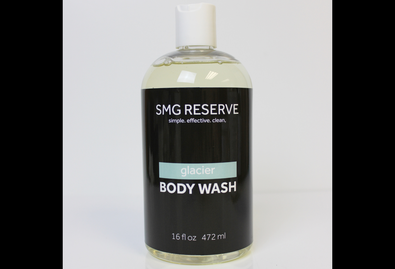SMG Reserve Glacier body wash bottle on a white background, 16 oz size.