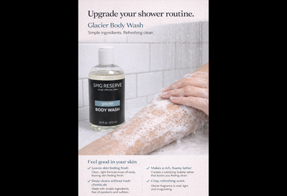 Glacier body wash shown in shower setting with text highlighting simple ingredients and refreshing clean.