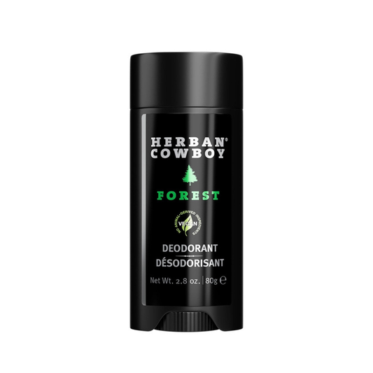 Herban Cowboy Forest stick deodorant in black packaging, aluminum-free men’s deodorant with cedarwood, cedar leaf, and black pepper