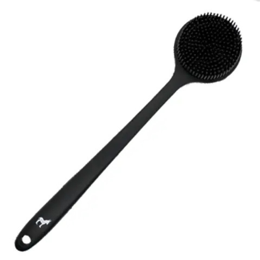 Black long-handle back scrubber brush with round head on white background