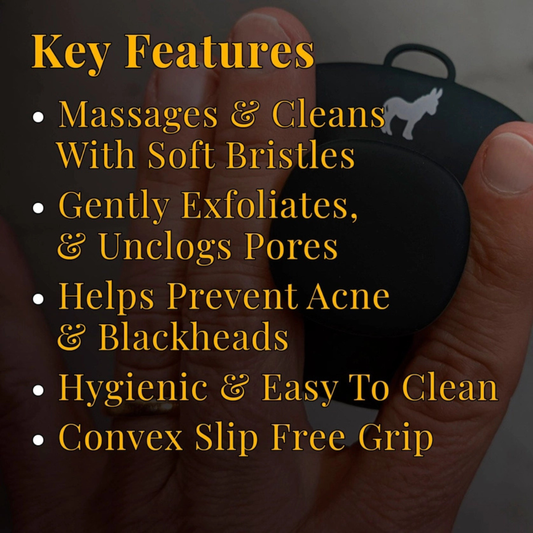 Key features of men’s silicone face cleansing brush including gentle exfoliation and acne prevention