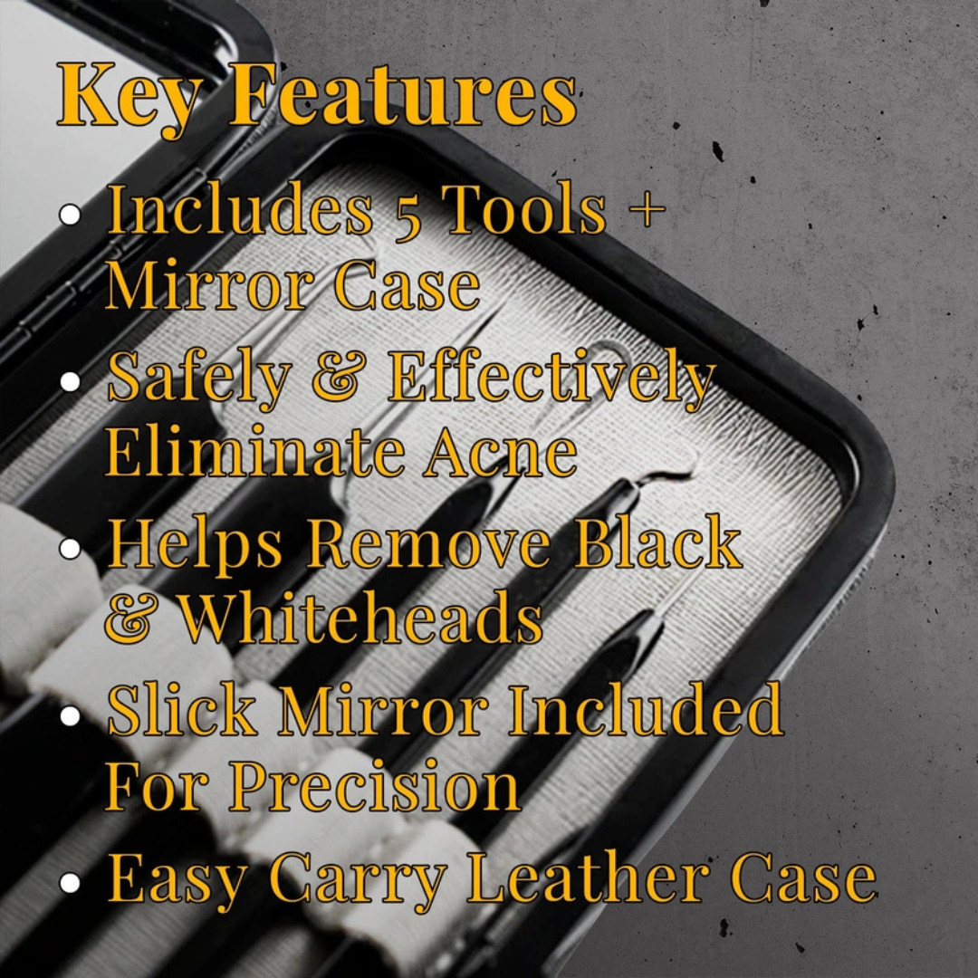Key features of the Pete & Pedro acne and blackhead remover skin tool set with mirror case