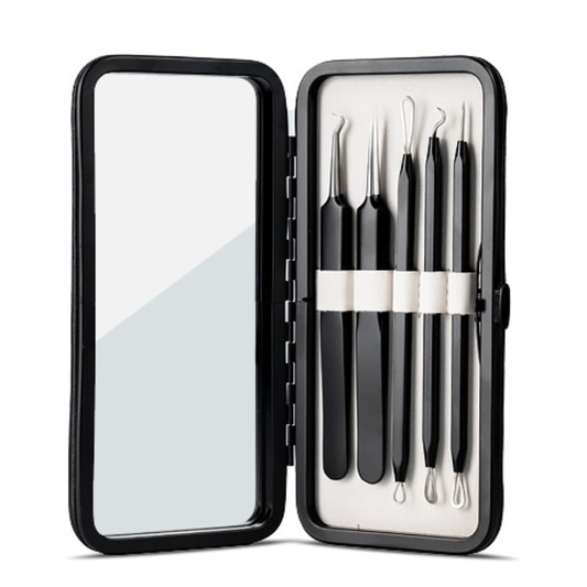 Pete & Pedro acne and blackhead remover tool kit shown open with mirror and five extraction tools