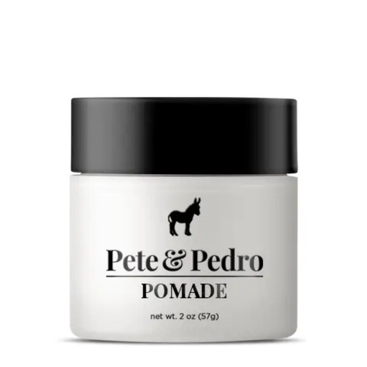 Pete & Pedro hair pomade in a 2 oz jar with black lid on a white background