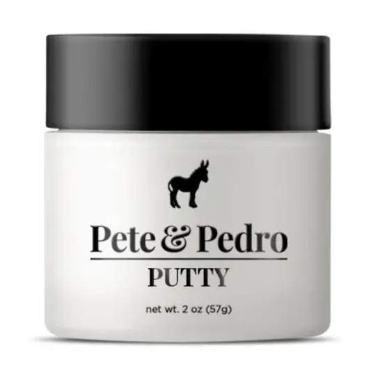 Pete & Pedro hair putty in a 2 oz jar with black lid on a white background