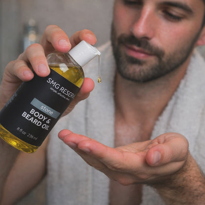 Stone body and beard oil shown on bottle, applied to skin, and absorbed with a lightweight finish
