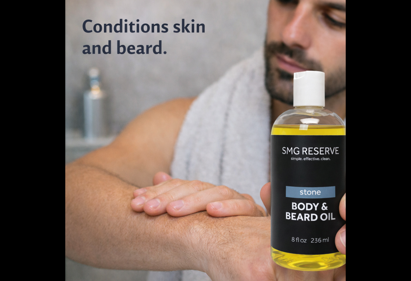 Lightweight finish of Stone body and beard oil after application
