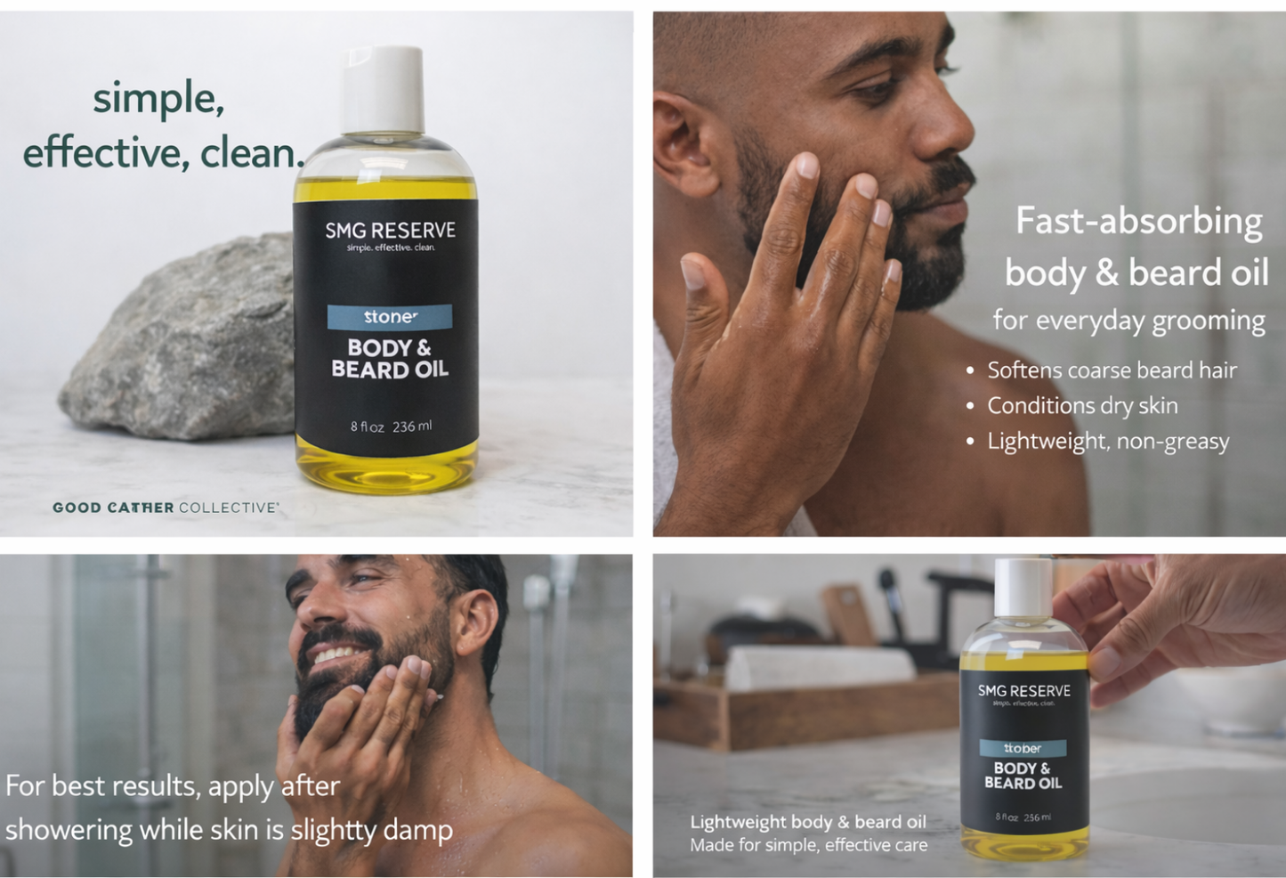 Stone body and beard oil for men shown with product and grooming application images
